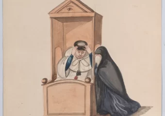 woman confessing priest, group drawings