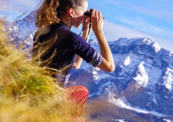 binoculars, girl, nature, mountain, view, distant view, viewpoint, search, distance, vision, overview, tourism, foresight, peak, summit, mountaineer, female, woman, young woman