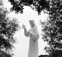 Black and white photo of a Jesus statue surrounded by trees, symbolizing peace and spirituality.