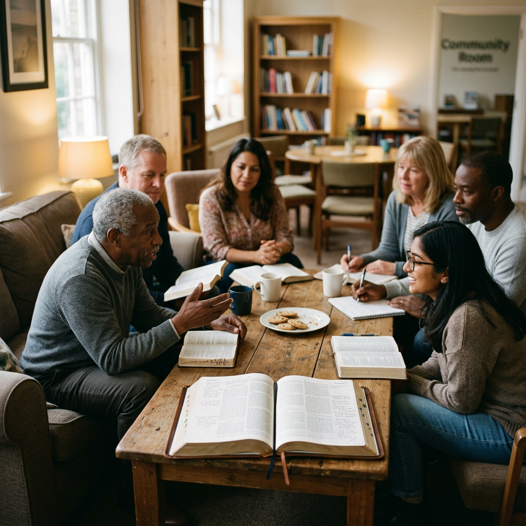 Six people engaged in a Bible study group discussion around a wooden table