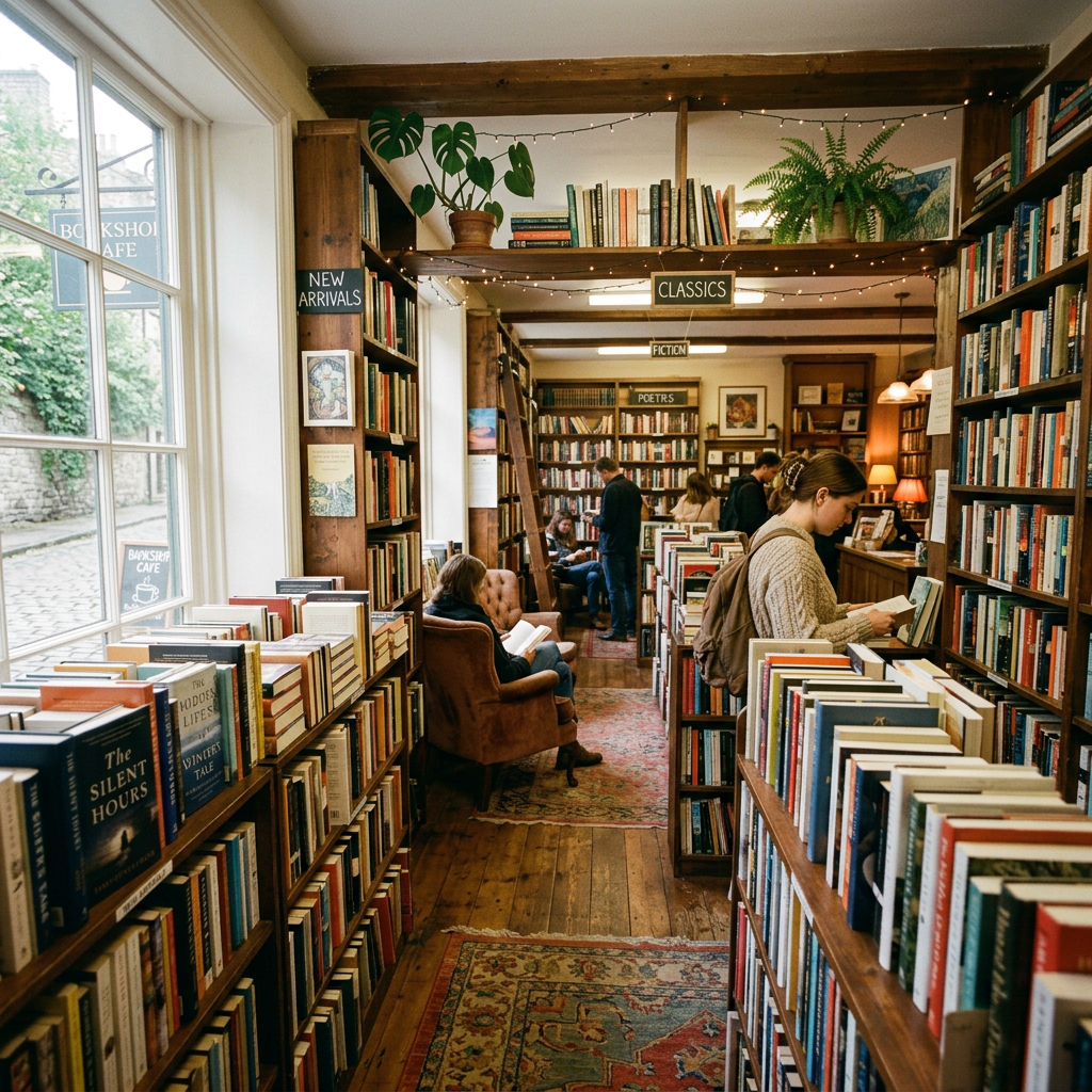 Interior of a warmly lit bookstore with rows of bookshelves and people reading